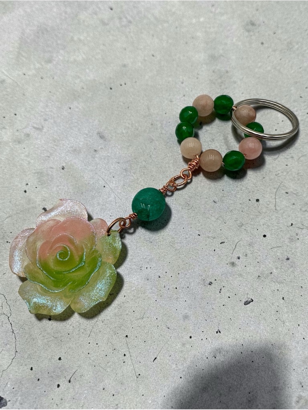 Handmade Green & Pink Rose Beaded Keychain Bag Charm Floral Gift